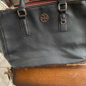 Tory Burch Black Leather Tote with Gold Logo